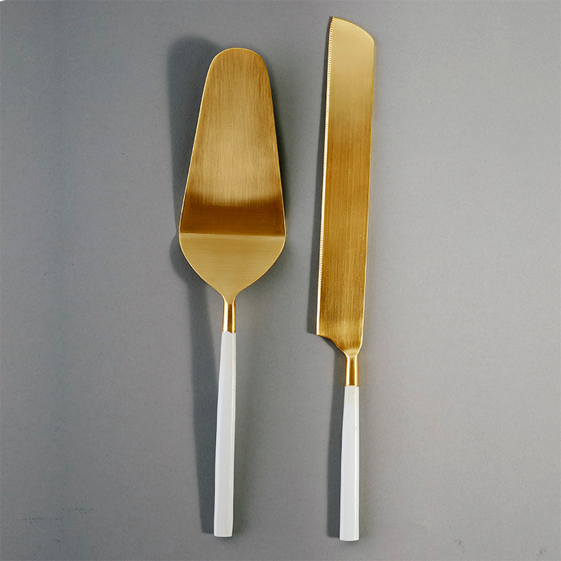 NEW Napa Bianco Cake and Knife Set - White/Gold